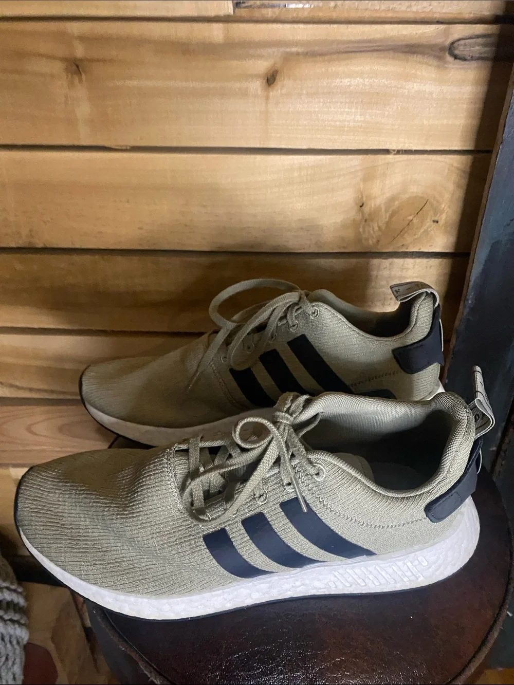 Adidas Men's light olive green Athletic Sneakers with black Stripes size 10
